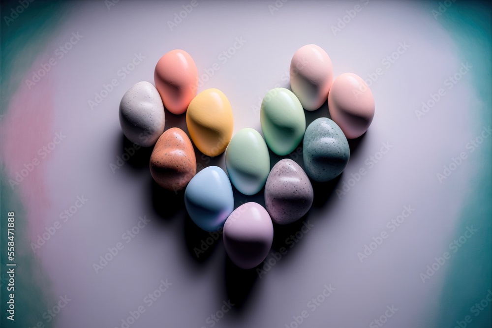 Poster a heart shaped arrangement of colored rocks on a white background with a blue border in the middle o
