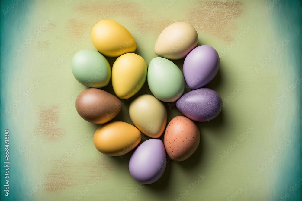 Poster a heart shaped arrangement of colored eggs on a green background with a blue border around it and a 