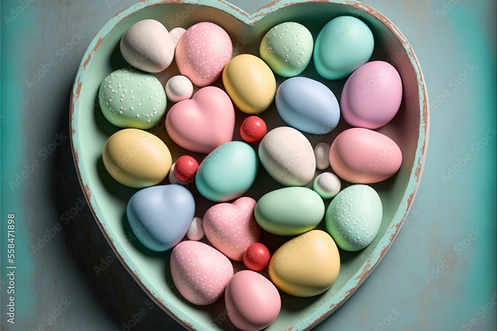 Poster a heart shaped bowl filled with assorted candy hearts on a table top with a blue background and a bl