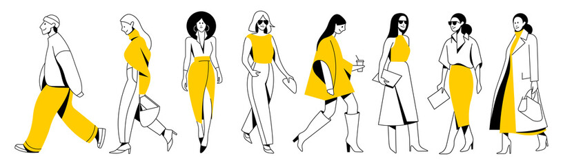 vector set. group of different minimalistic linear people with bright yellow accents in trendy flat design style. useful for web, graphic design, print, mobile applications, flyers, brochures, banners