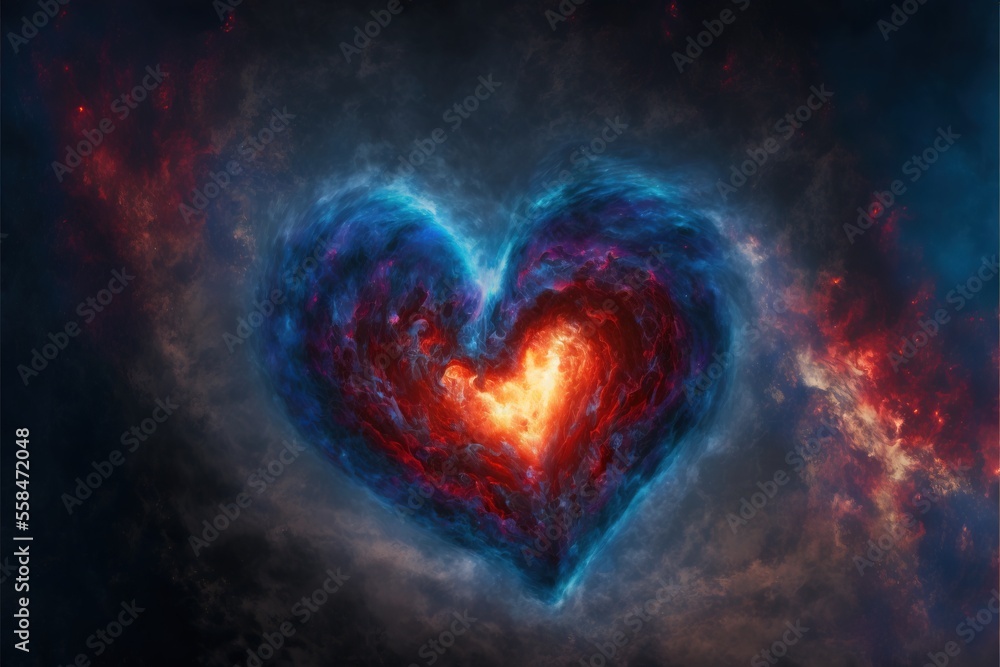Poster a heart shaped object in the middle of a space filled with clouds and stars, with a red and blue swi