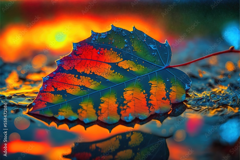Poster a colorful leaf laying on top of a puddle of water next to a red and green leaf with drops of water 