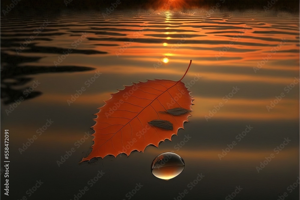 Poster a leaf floating on top of a body of water with the sun setting in the background and a drop of water