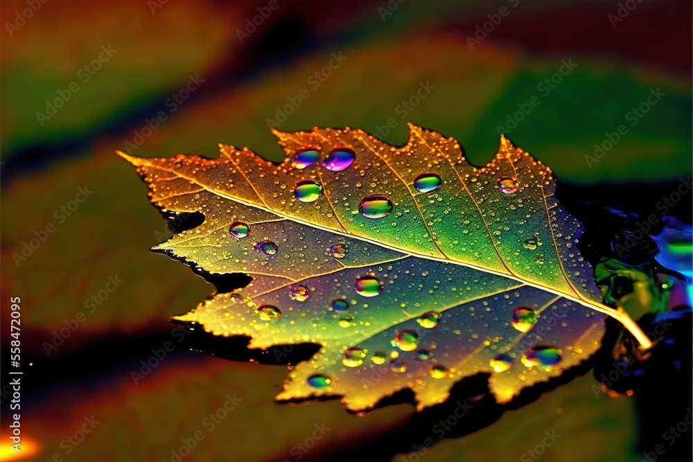 Poster a leaf with water droplets on it sitting on a leaf covered in water droplets on the leaves of a tree