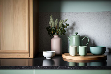 Fototapeta premium Japanese contemporary Scandinavian interior design for an apartment, including a kitchen with a green pastel counter, a wooden cabinet, and a marble countertop. interior of a kitchen counter in close