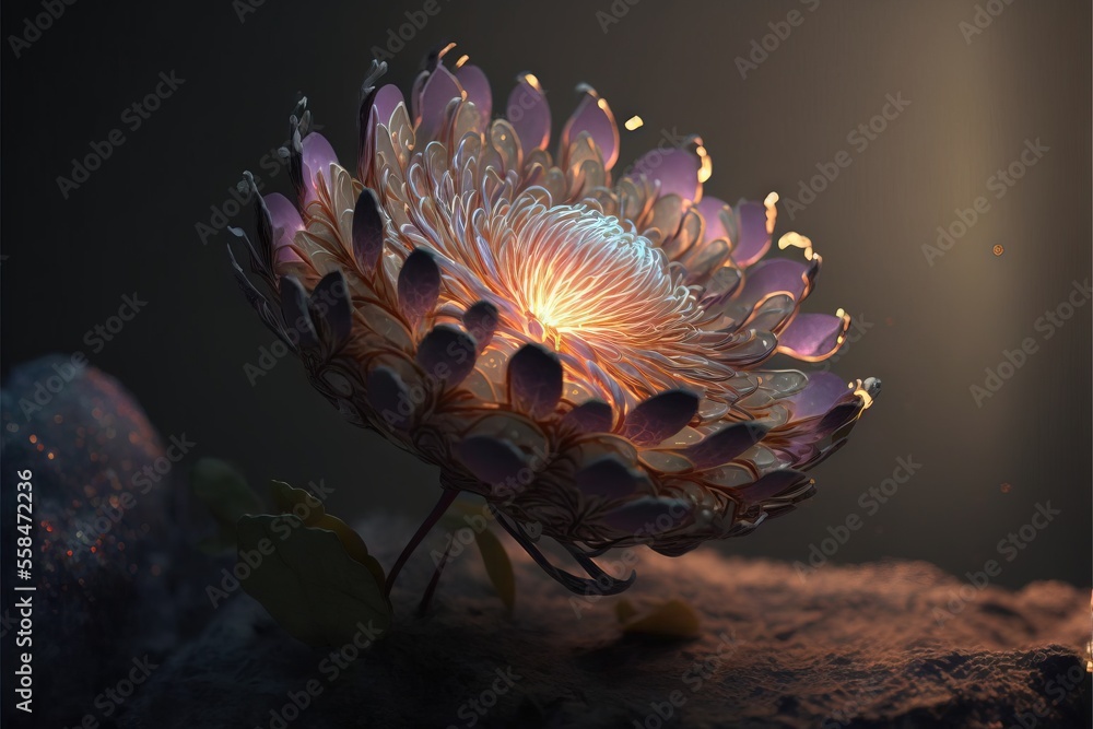 Poster a flower that is sitting on a rock in the dirt with a light shining on it's petals and petals on the