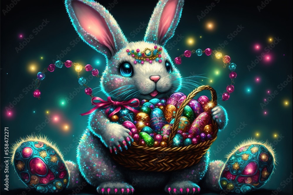 Poster a painting of a bunny with a basket of eggs in its paws and a bow on its head, sitting in front of a