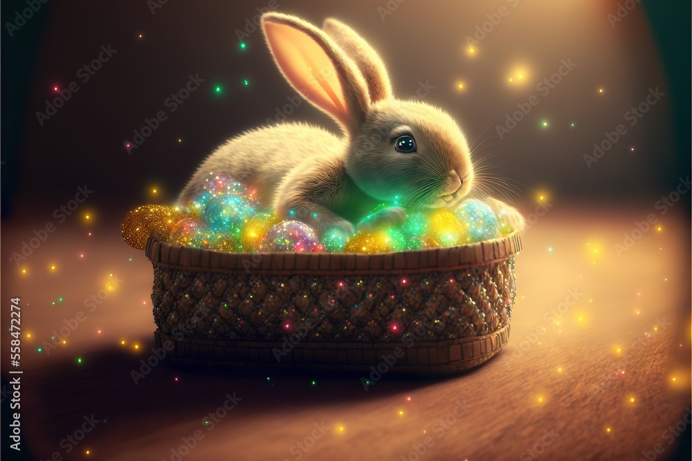 Poster a painting of a rabbit in a basket filled with colored eggs and sparkles on a brown surface with a l