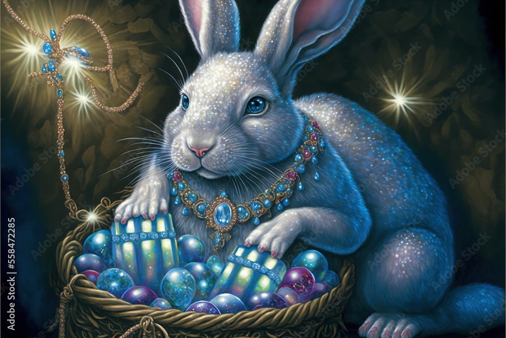 Poster a painting of a rabbit holding a basket of eggs with a string of lights on it's neck and a string of