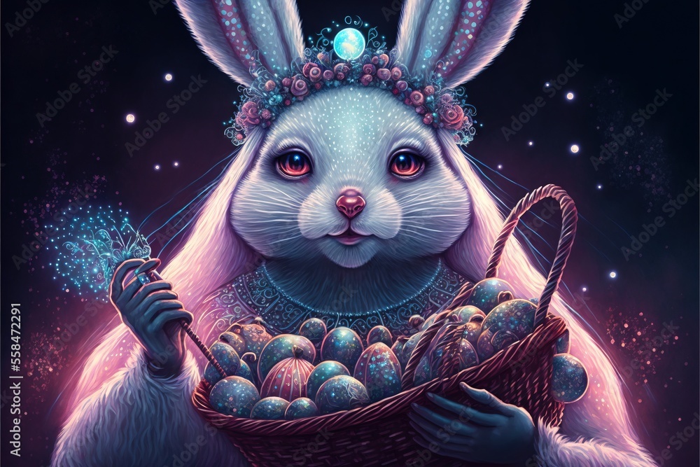 Poster a painting of a rabbit holding a basket of eggs and a glowing orb in the background of the image is 