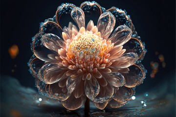 a large flower with bubbles floating on it's petals in the dark blue water of a pond of water with bubbles floating on it's surface, with a blue background, with bubbles,. Generative AI