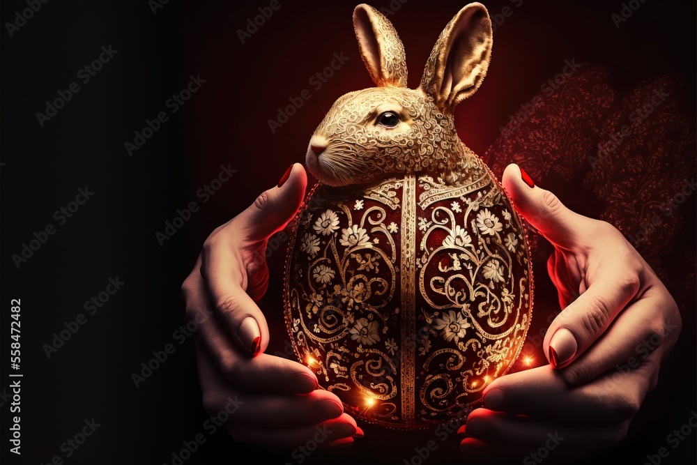 Poster a person holding a golden egg with a rabbit head on it and lights around it in front of a dark backg