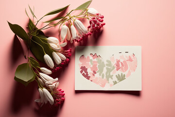 On a pink pastel background, a white business card features pink dicentra and broken heart flowers. summer minimalist concept, top view, flat lay, copy space, mockup. Generative AI