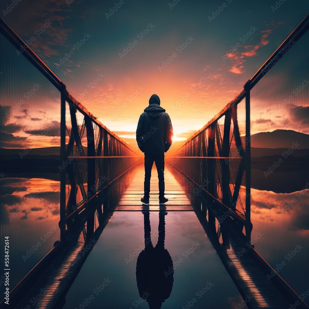 Poster a man standing on a bridge with the sun setting in the background and a reflection of him in the wat