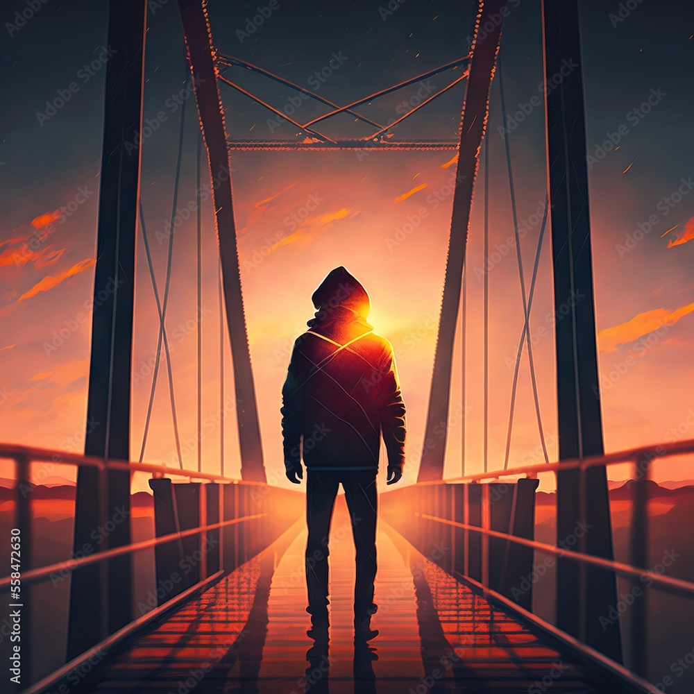 Poster a man standing on a bridge with the sun setting behind him and the bridge is red and yellow and the 
