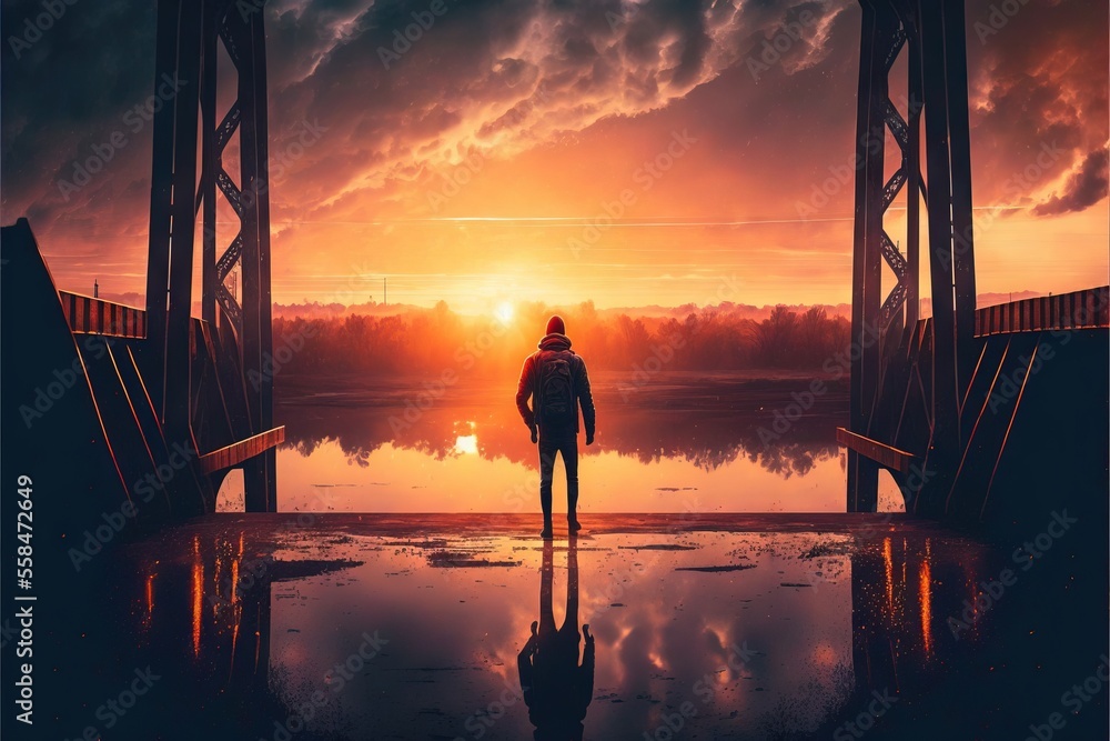 Poster a person standing in front of a sunset on a bridge with a reflection on the water and clouds in the 