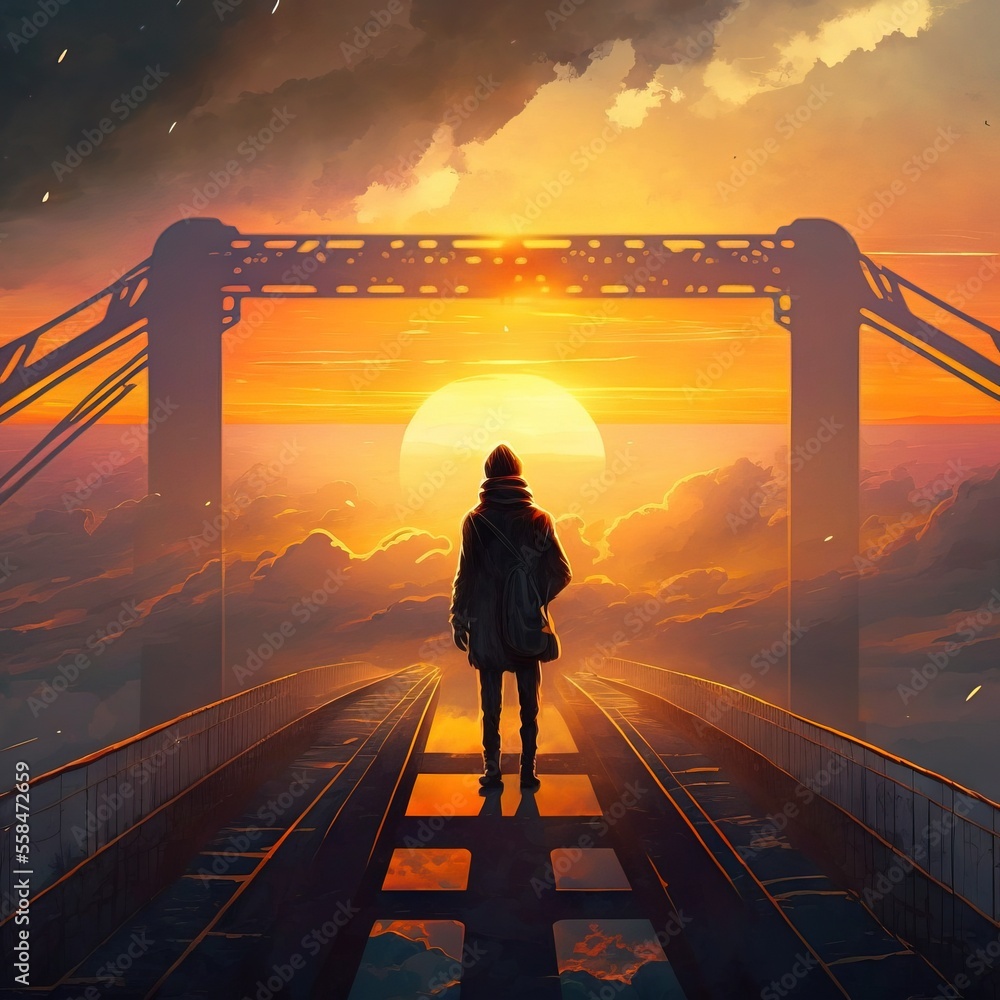 Poster a person standing on a bridge looking at a sunset over a body of water with a bridge in the backgrou