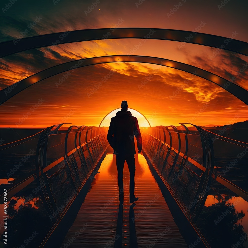 Poster a man is walking down a walkway towards the sun in the sky with a reflection on the water and a brid