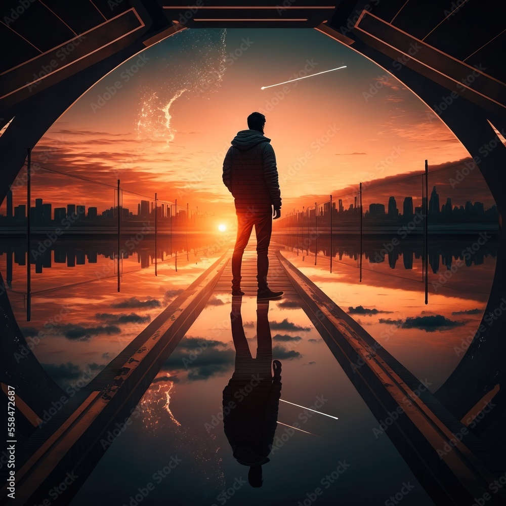 Poster a man standing in a tunnel looking at the sunset with a city in the background and a reflection on t