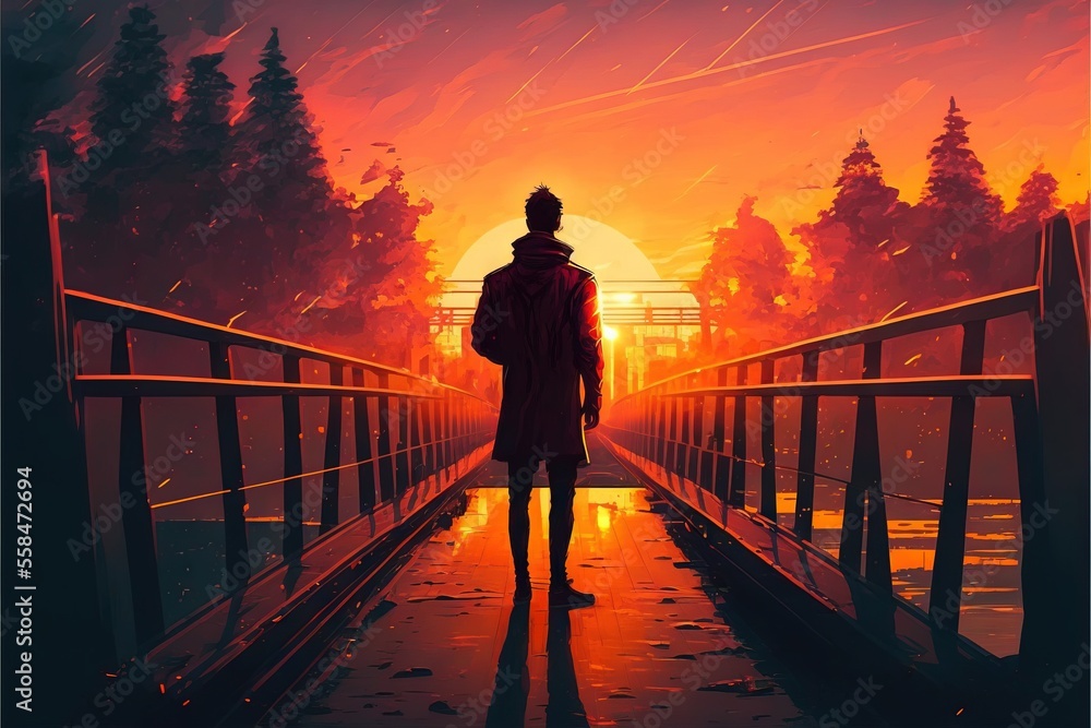 Poster a man standing on a bridge looking at the sun in the distance with trees on either side of the bridg