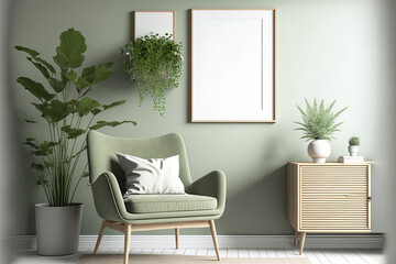 A chic interior design for a living room includes a mock up poster frame, a frotte armchair, a wooden commode, a side table, plants, and original home decor. Wall in sage green. housing staging Templa