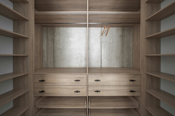 Empty contemporary wooden wardrobe design with concrete wall