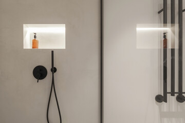 Modern Japandi bathroom interior design in white tones, white polished concrete floor, microcement...