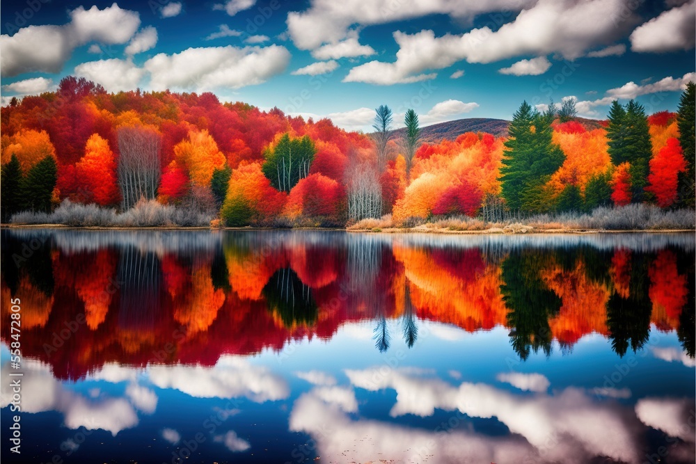 Poster a lake surrounded by colorful trees with clouds in the sky and a blue sky with white clouds in the s