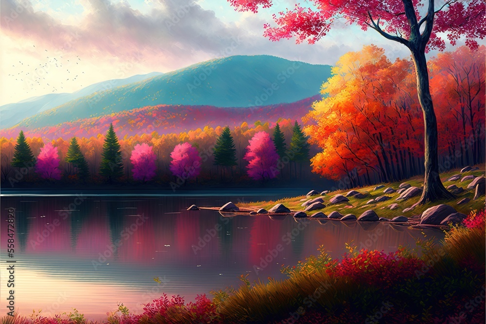 Poster a painting of a lake surrounded by trees and mountains in the background with a colorful fall scene 