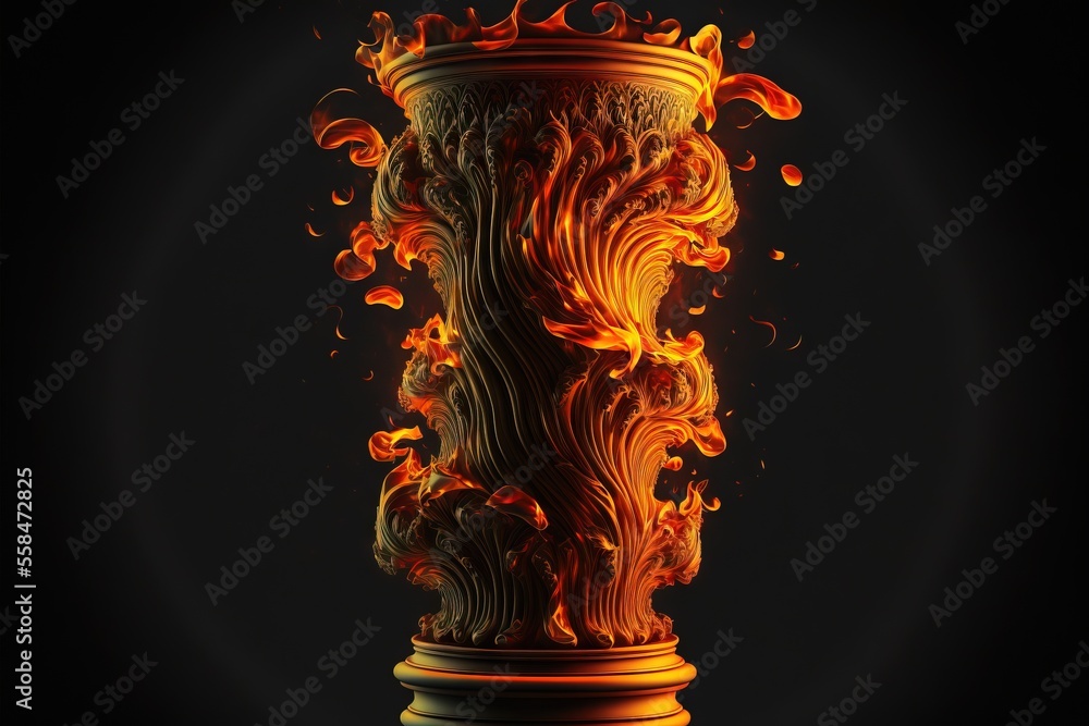 Poster a tall vase with flames on it on a black background with a black background and a black background w