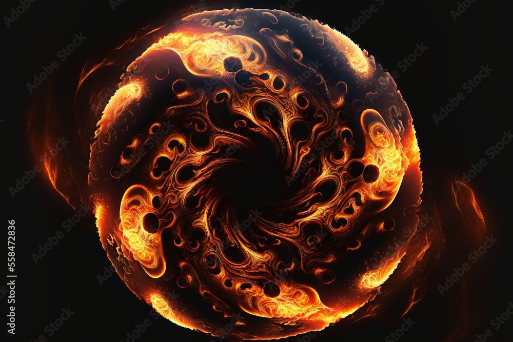 Poster a spiral of fire on a black background with a black background and a black background with a red and
