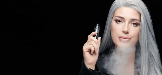 Vaping girl. Silver haired woman blowing a big smoke cloud. Female with an Electronic Cigarette...
