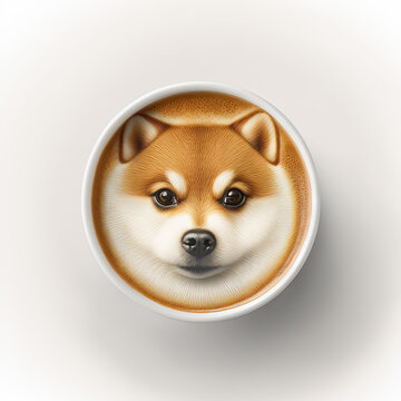 Top view of hot coffee kabosu shiba inu dog latte art foam set isolated on white background