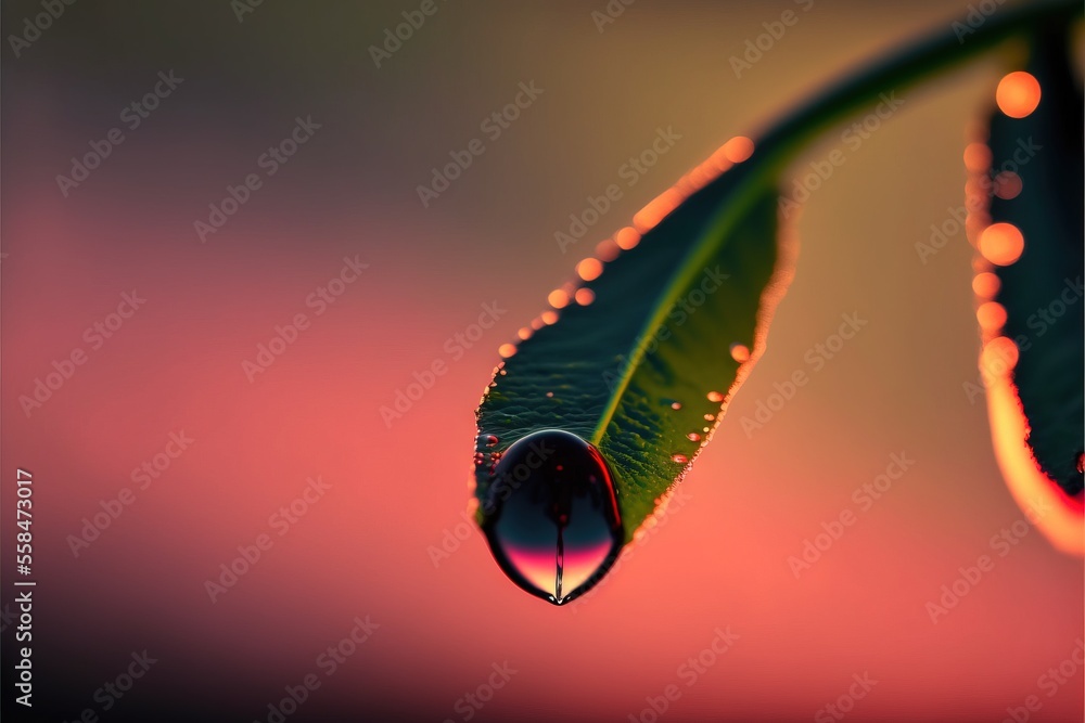 Poster a leaf with water drops hanging from it's end and a pink and yellow background with a pink sky in th