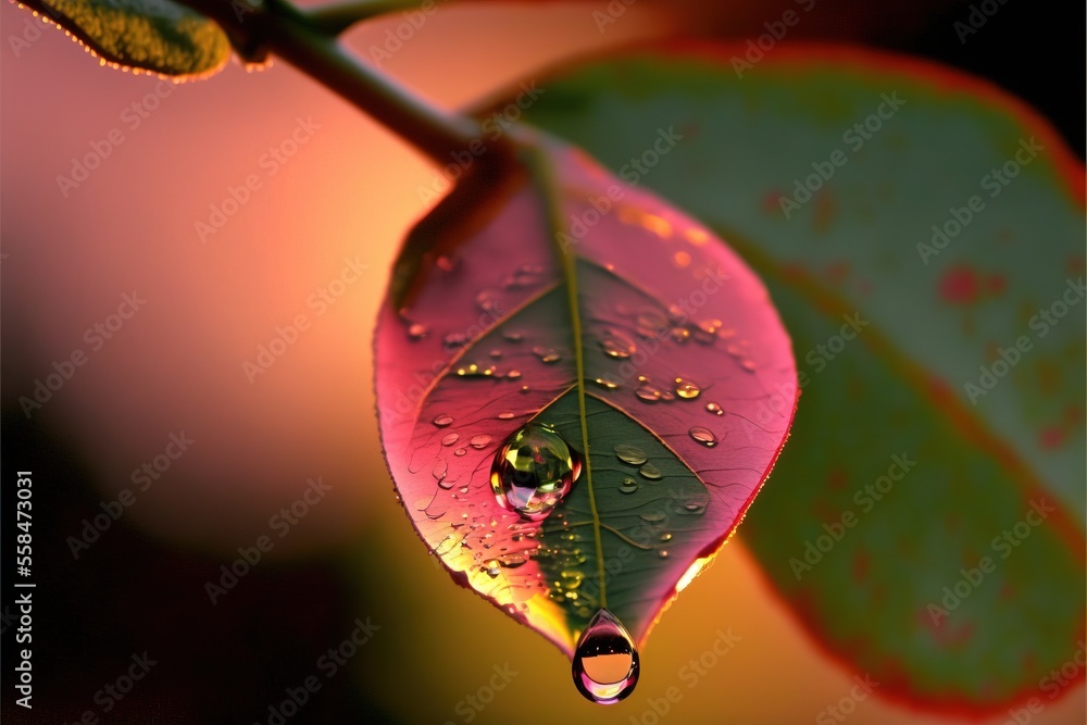 Poster a close up of a leaf with water droplets on it's leaves and a pink sky in the background with a red 