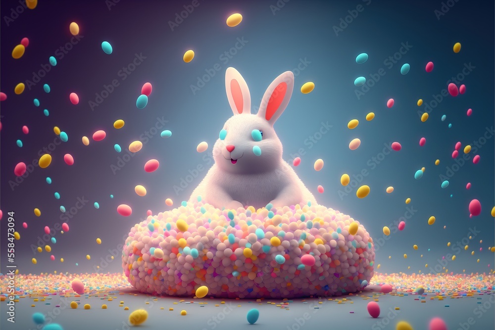 Poster a white bunny sitting on top of a cake surrounded by confetti and sprinkles on a blue background wit