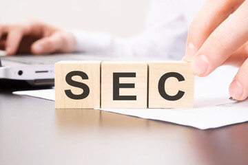 hand holding wooden cube with SEC text on table background. financial, marketing and business concepts