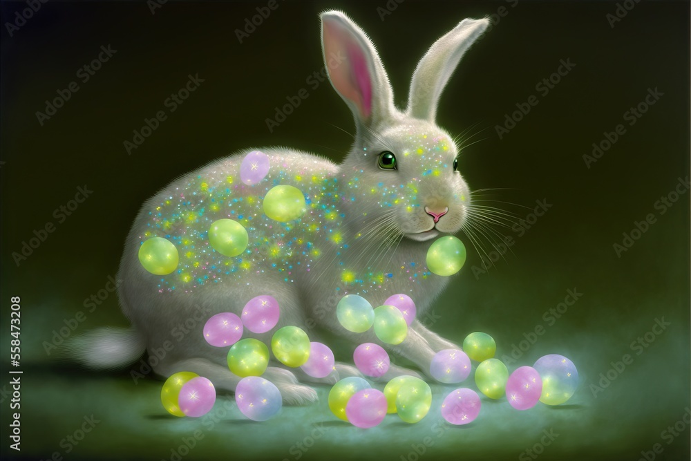 Poster a white rabbit sitting on top of a pile of bubbles next to a green background with a green light shi