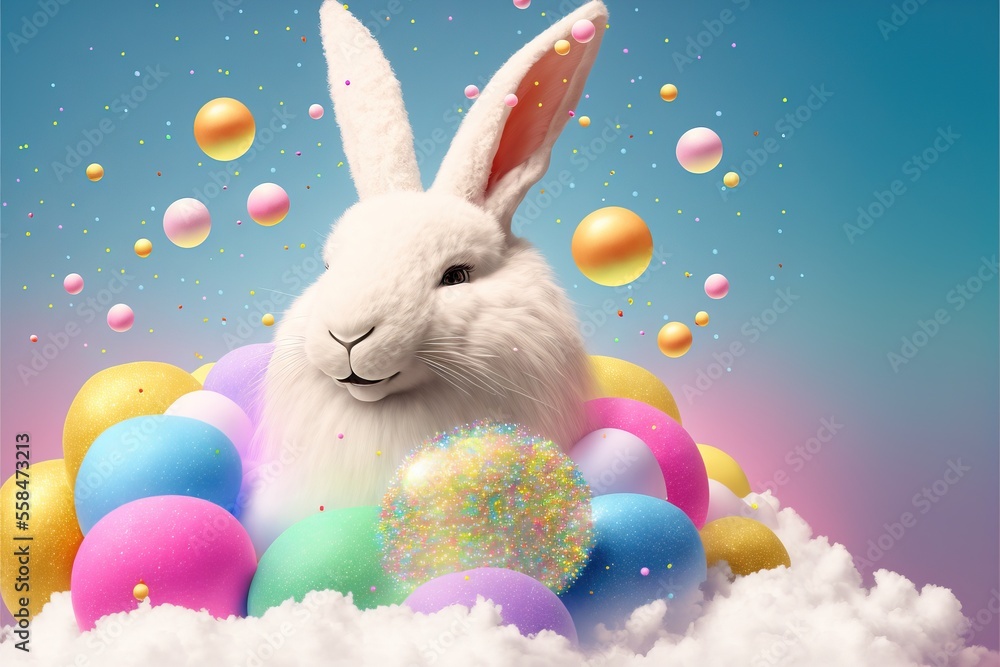 Poster a white rabbit sitting in the clouds with a bunch of eggs around him and bubbles coming out of his e