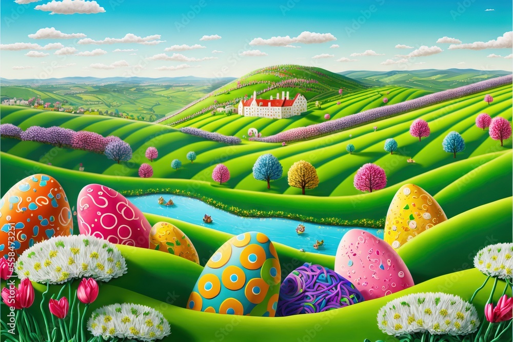 Poster a painting of an easter scene with eggs in a field and a house in the distance with a river running 