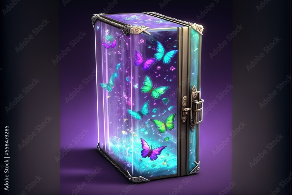 Poster a purple suitcase with a butterfly pattern on the front and sides of the suitcase is open and is sit