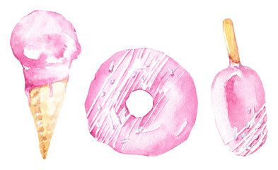 Watercolor pink sweets, donut, ice cream