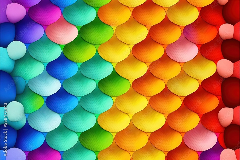 Poster a rainbow colored background with lots of different shapes and sizes of balls on it, and a rainbow c