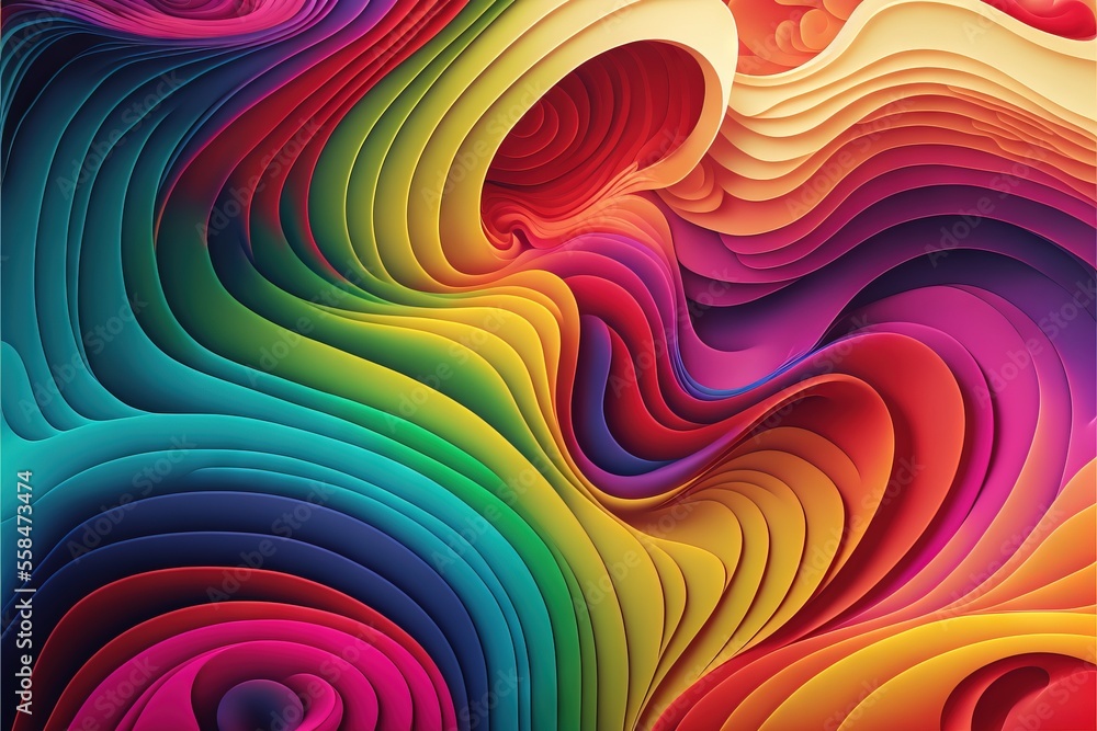 Poster a colorful abstract background with wavy lines and a spiral design in the center of the image is a m