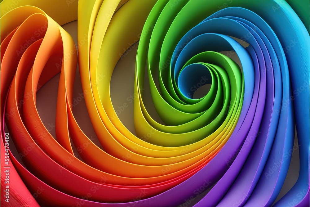 Poster a multicolored spiral of paper with a white border on the bottom of the image and a black border on 