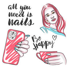 Portrait of a girl and long beautiful nails, a set with inscriptions and manicure