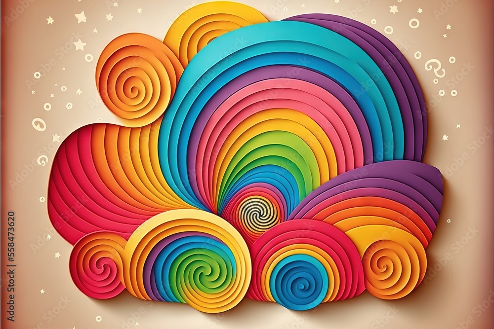 Poster a colorful paper art design with swirls and stars on a beige background with a red frame and a white