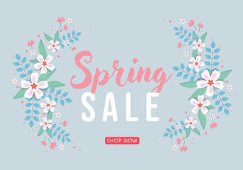 Spring sale vector background with flowers and leaves. Shop now. Promotion banner for your shop. Spring discount. Bright banner for your business. Email marketing