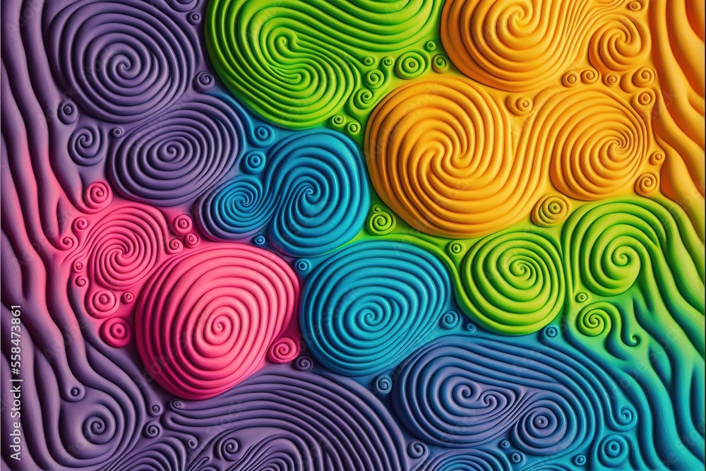 Poster a multicolored painting of a rainbow swirl pattern on a wood paneled surface with a black frame in t