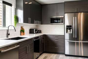 A glossy gray linear tile backsplash and dark gray flat front cabinets with white quartz counters can be found in a modern gray kitchen. Generative AI